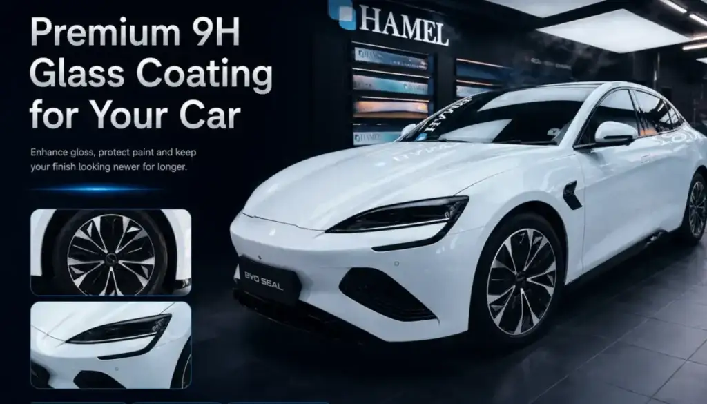 Advertisement image showing a white luxury car in a showroom promoting Premium 9H Glass Coating for Your Car, with close-ups of wheel and headlight panels.