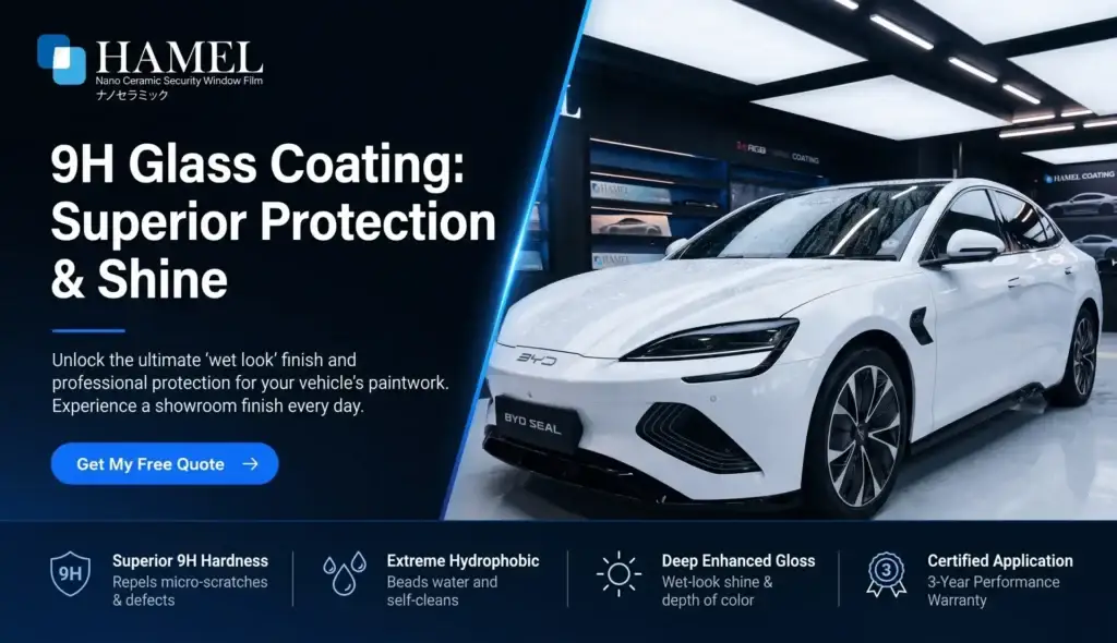 Hero banner promoting HAMEL 9H Glass Coating with a white luxury car in a showroom and bold headline text:'9H Glass Coating: Superior Protection & Shine'