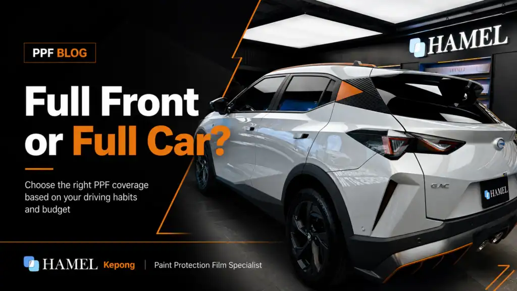 Side rear view of white GAC car showing full car PPF protection concept