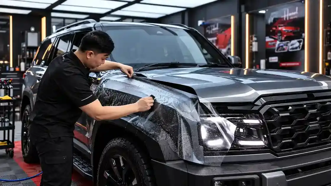 TPU Paint Protection Film installation on SUV front fender and headlight at HAMEL Kepong