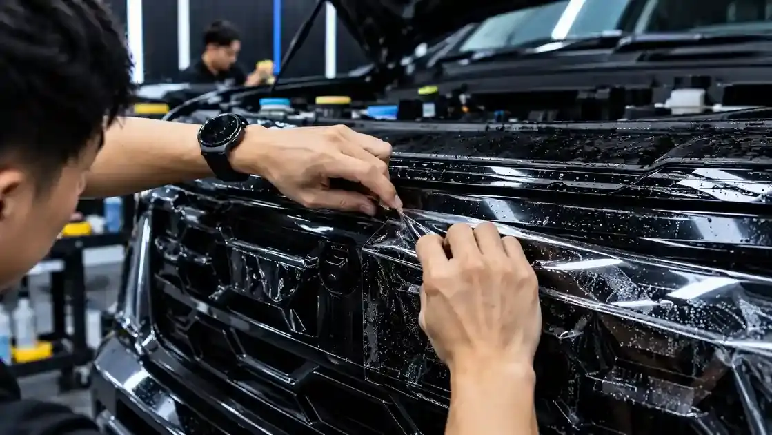 Detailer applying transparent TPU Paint Protection Film around black SUV front grille