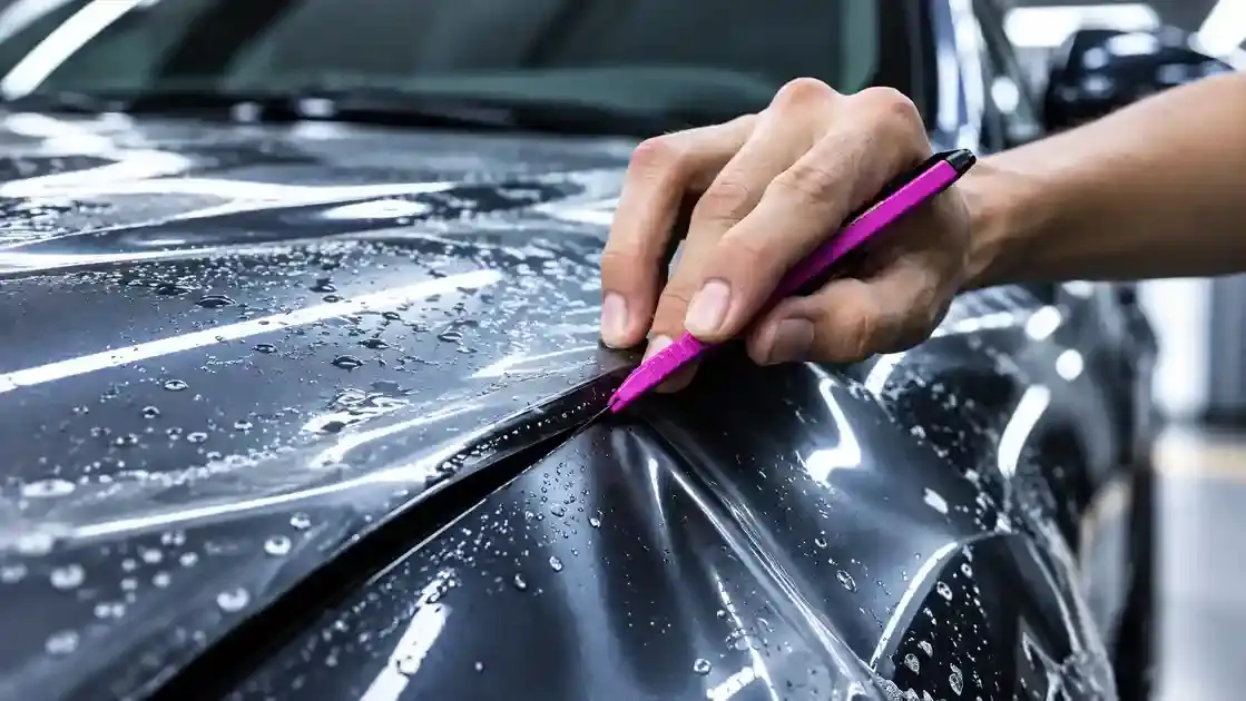 Close-up of precision TPU PPF film trimming along car bonnet and fender edge